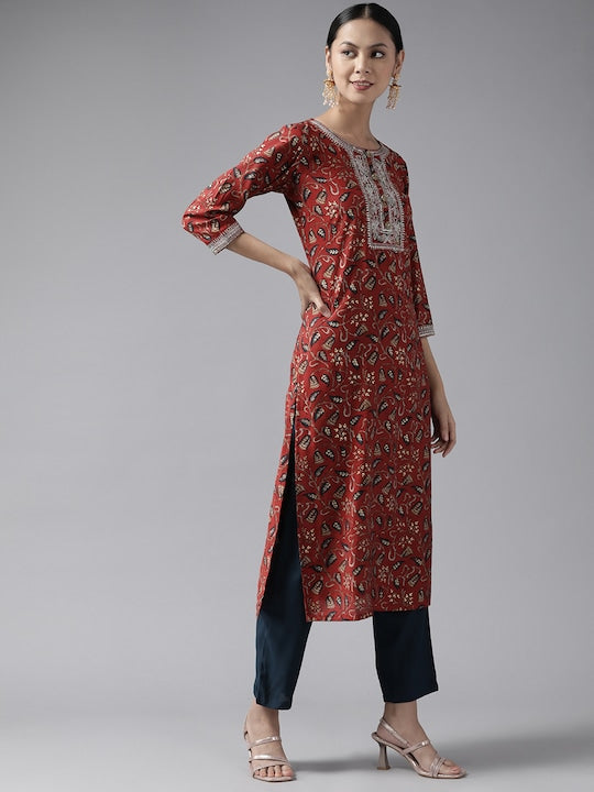Yufta Women Rust Floral Yoke Design Thread Work Kurta with Trousers & With Dupatta