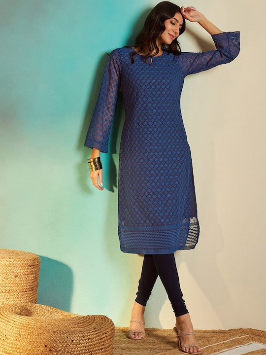 Sangria Floral Embroidered Keyhole Neck Flared Sleeves Thread Work Kurta