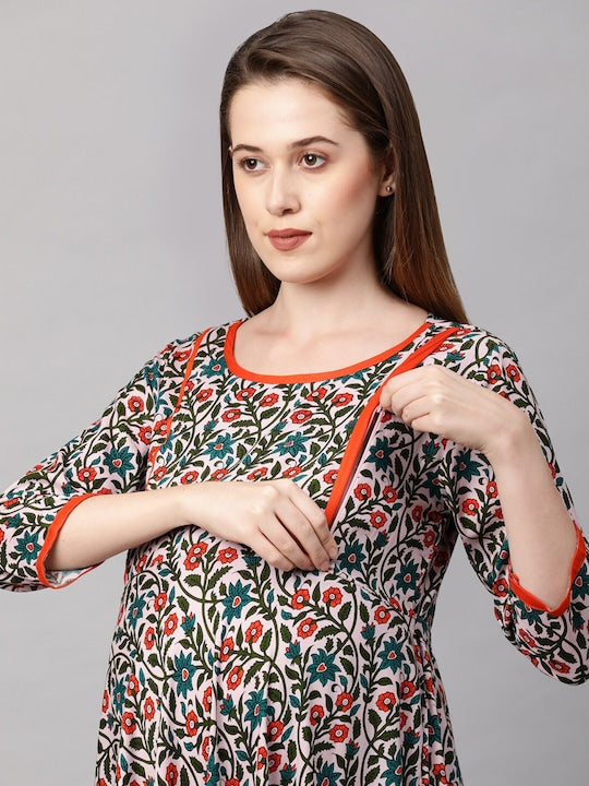 MomToBe Cream-Coloured Orange Ethnic Motifs Maternity Maxi Nursing Dress
