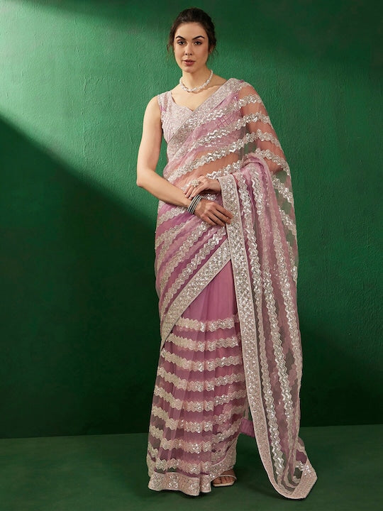 Sangria Pink Embellished Net Saree