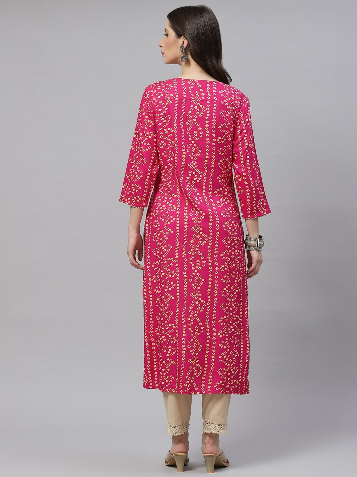 PIROH Womens Rayon Bandhani Print Straight Kurta - Rani Pink