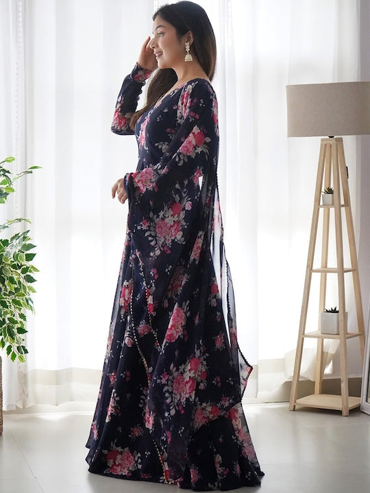 Fusionic Floral Printed V-Neck Gown Ethnic Dresses With Dupatta
