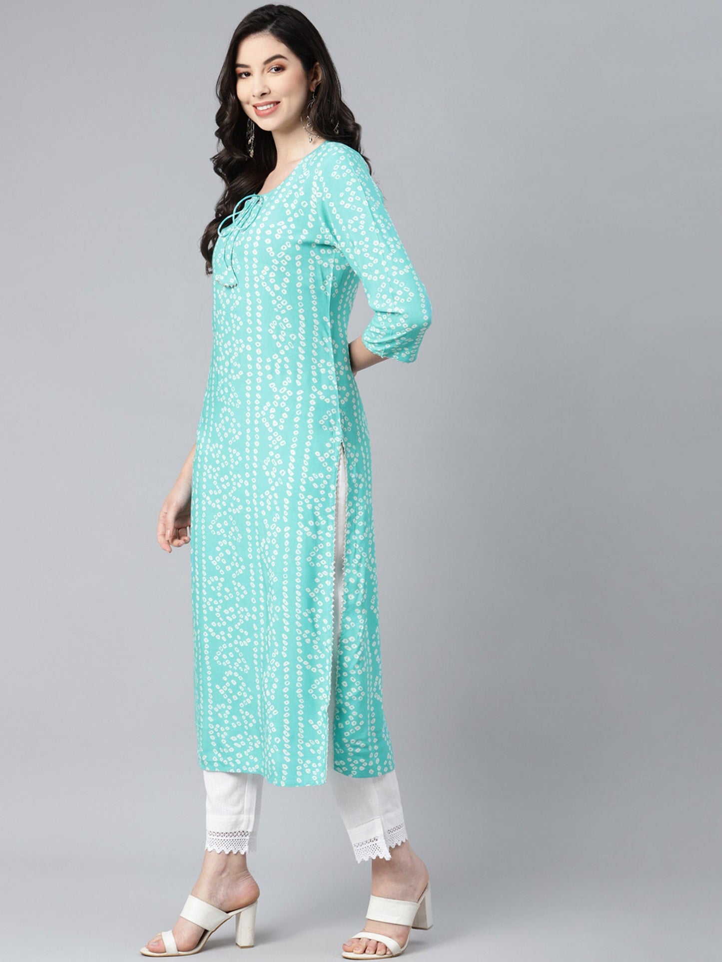 PIROH Womens Rayon Bandhej Print Straight Kurta Blue
