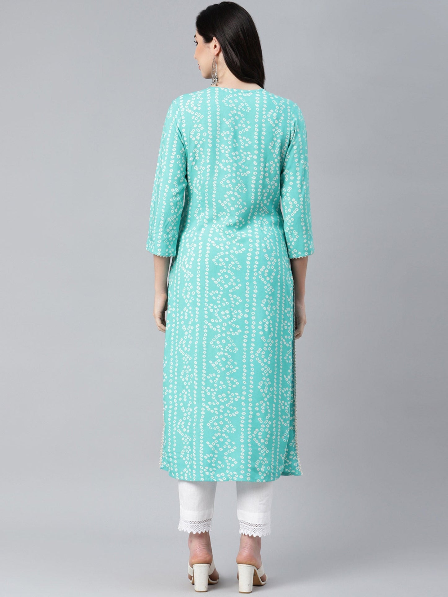 PIROH Womens Rayon Bandhej Print Straight Kurta Blue