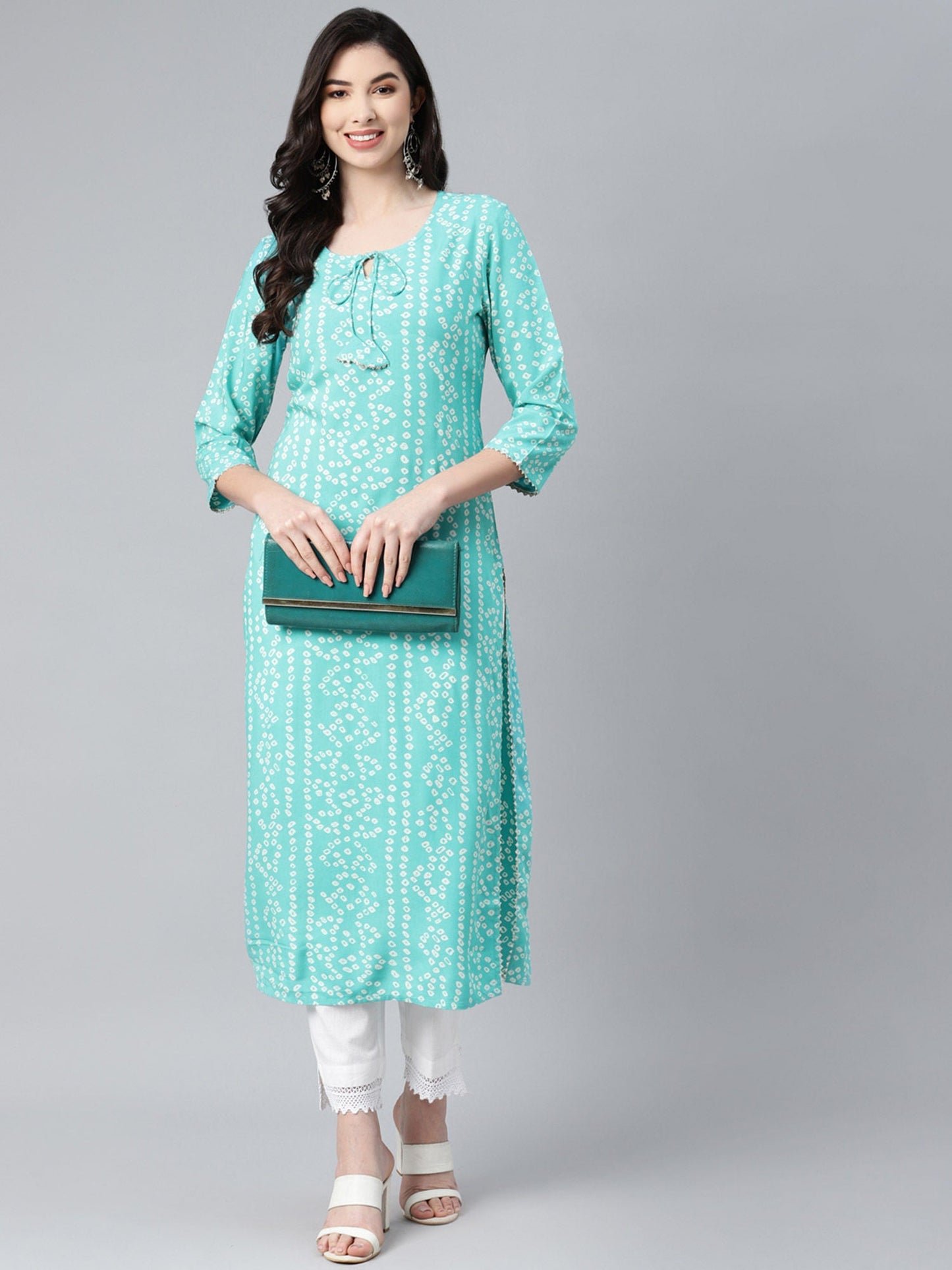 PIROH Womens Rayon Bandhej Print Straight Kurta Blue