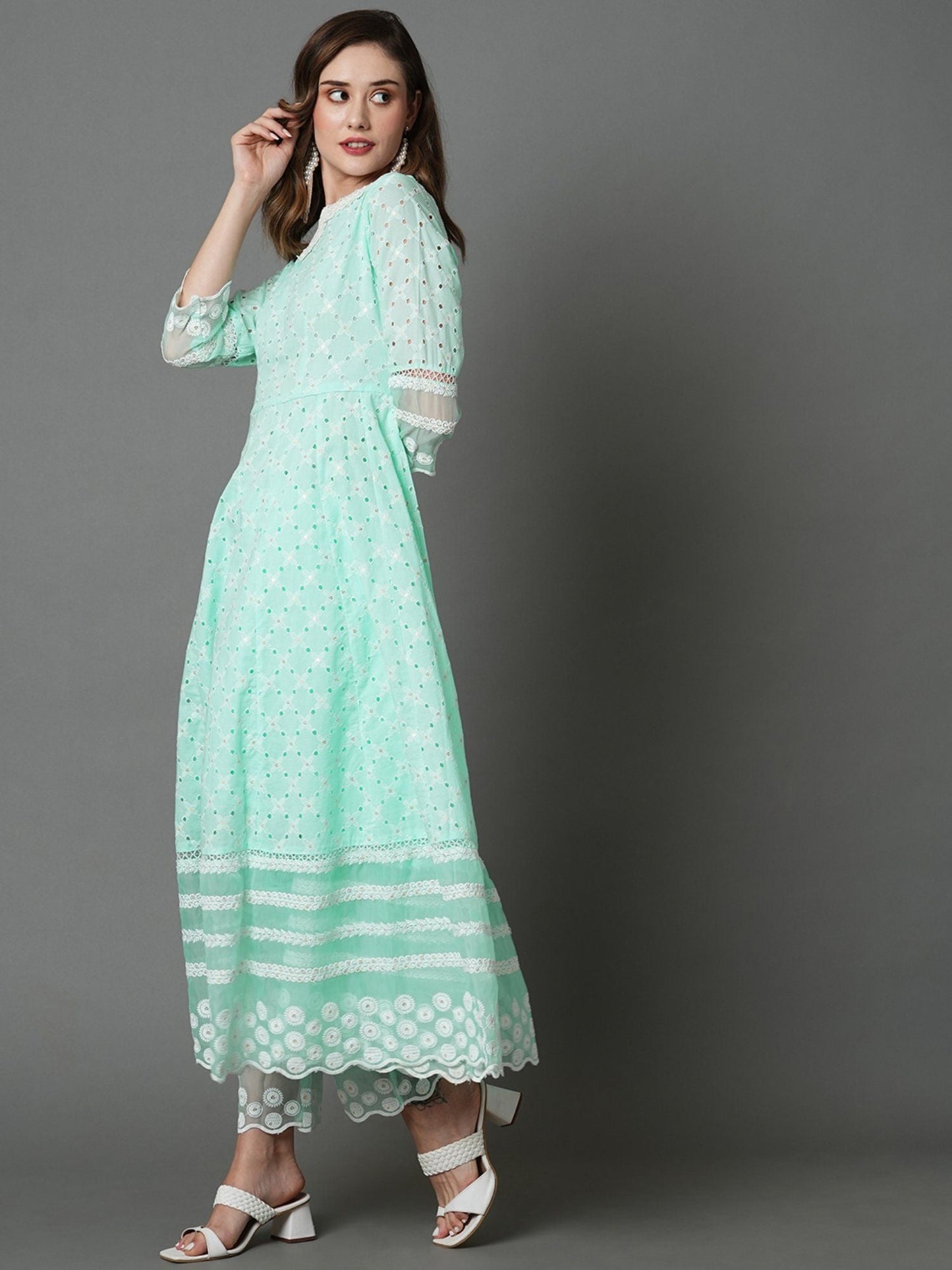 Heeposh Beautiful Schiffli Embroidered Anarkali with Soft Organza Dupatta (Set of 3)