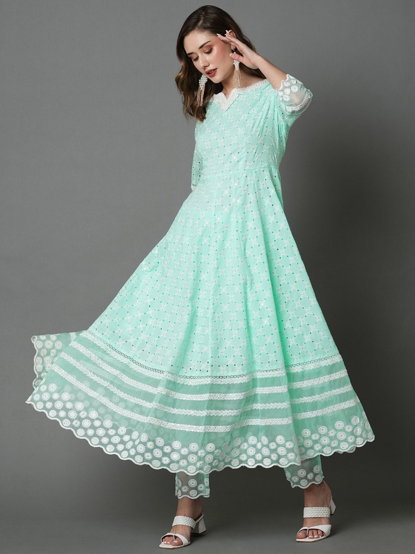 Heeposh Beautiful Schiffli Embroidered Anarkali with Soft Organza Dupatta (Set of 3)