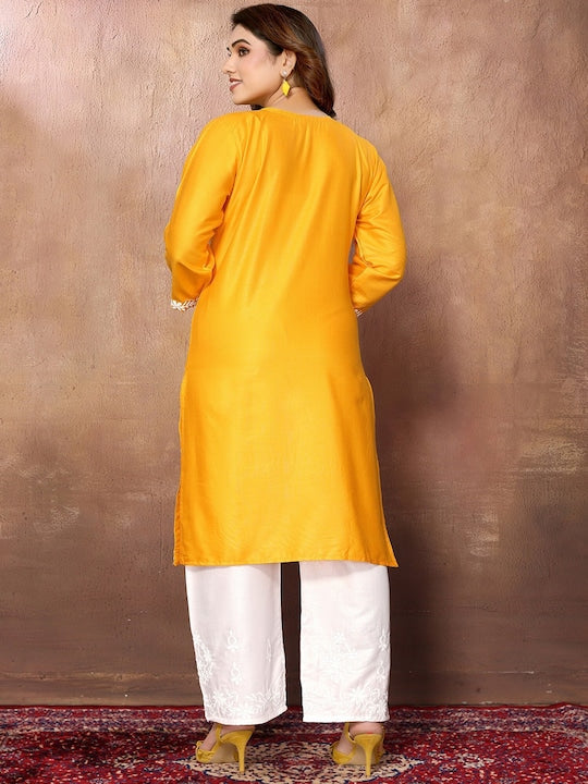 Fabmora Floral Embroidered Round Neck Three-Quarter Sleeves Chikankari Kurta with Palazzos