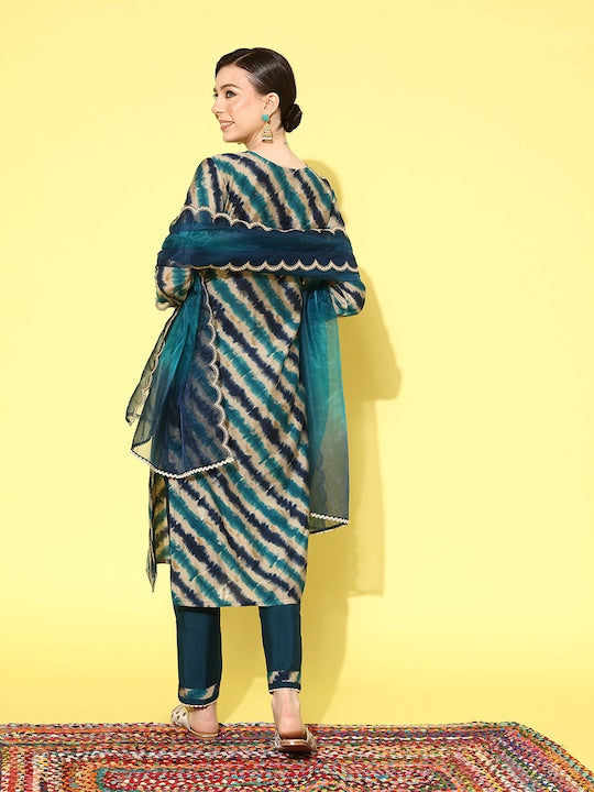Sangria Women Leheriya Printed Regular Sequinned Kurta with Trousers & With Dupatta