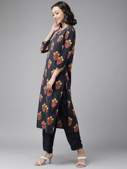 Yufta Women Navy Blue & Mustard Yellow Floral Printed Pure Cotton Kurta with Palazzos