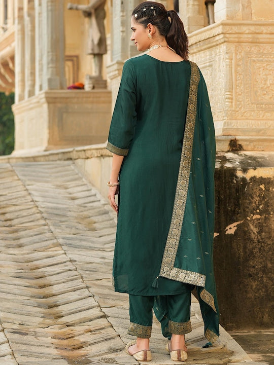 Scakhi Women Green Ethnic Motifs Pure Silk Kurta with Trousers & With Dupatta