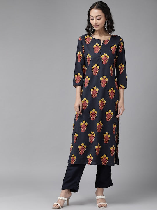 Yufta Women Navy Blue & Mustard Yellow Floral Printed Pure Cotton Kurta with Palazzos
