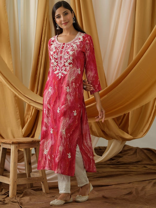 Sangria Abstract Printed and Embroidered Straight Kurta