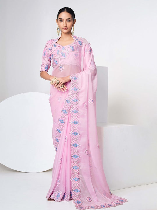 Fusionic Ethnic Motifs Embroidered Organza Saree
