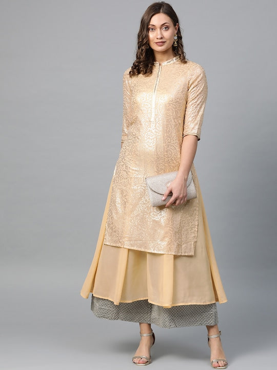 Aurelia Women Beige & Golden Printed Layered A-Line Kurta