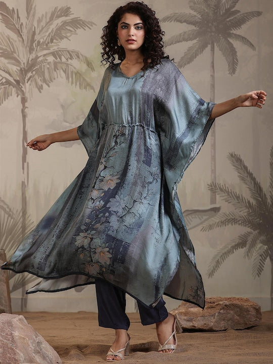 Scakhi Floral Printed V-Neck Three-Quarter Sleeves Satin Kaftan Top With Trouser