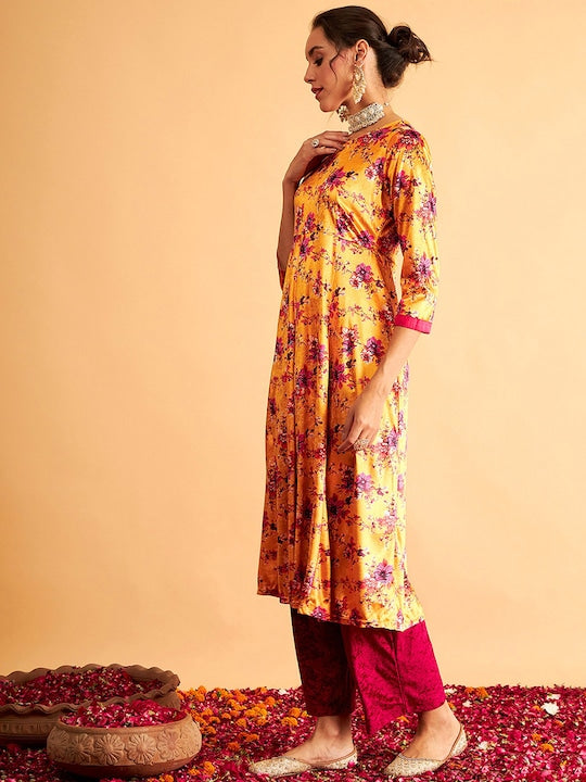 Shae by Sassafras Orange Floral Printed Velvet Anarkali Kurta