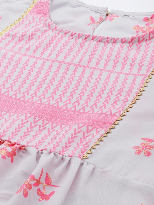 Vishudh Women Pink & White Floral Printed Kurta with Trousers