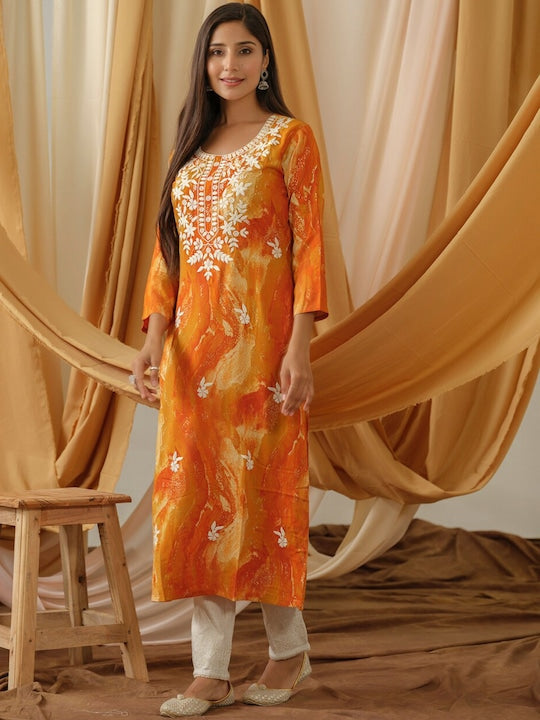 Sangria Abstract Printed Round Neck Straight Kurta