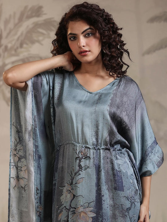Scakhi Floral Printed V-Neck Three-Quarter Sleeves Satin Kaftan Top With Trouser