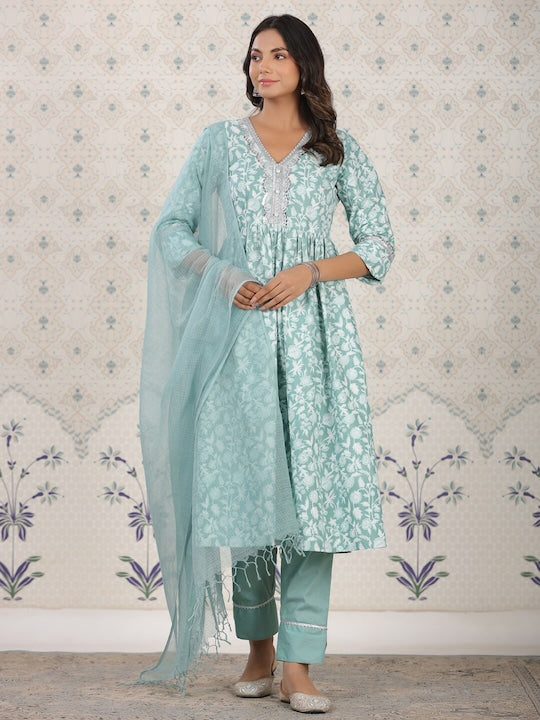 House of Pataudi Floral Printed Pure Cotton Kurta With Palozza & Dupatta