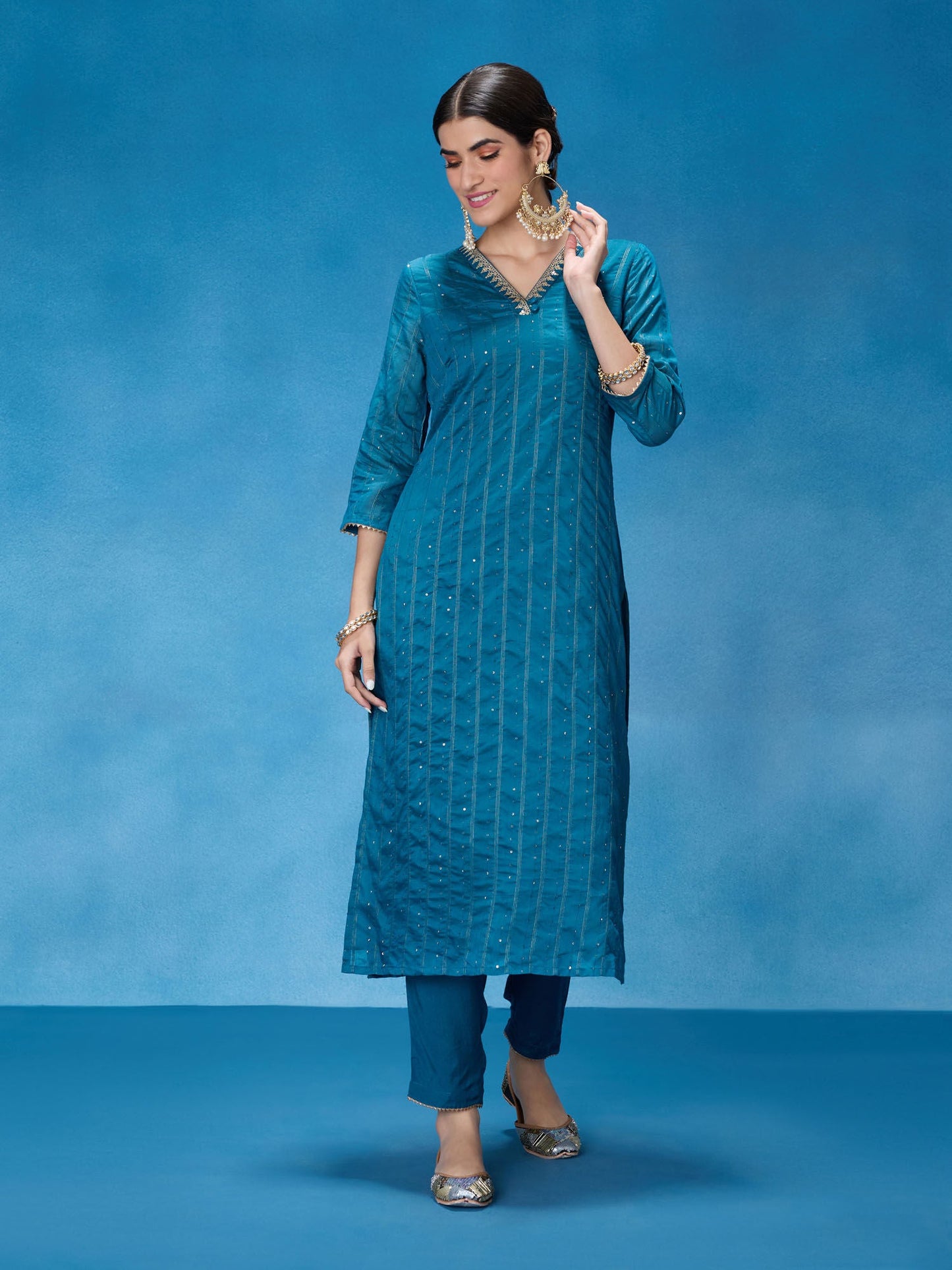 Likha Teal Rangbahar Lurex Chanderi with Sequence Co-ord Set LIKSKD266 (Set of 2)