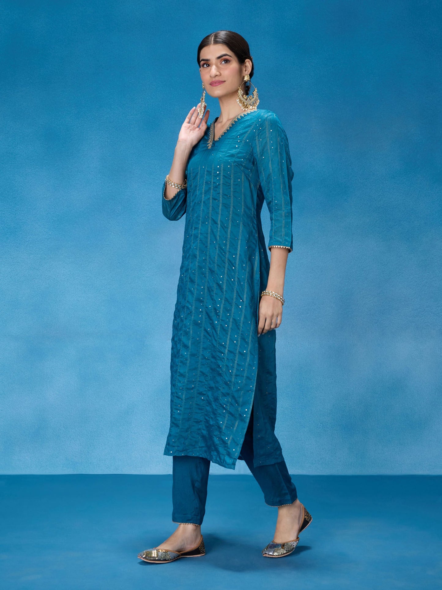 Likha Teal Rangbahar Lurex Chanderi with Sequence Co-ord Set LIKSKD266 (Set of 2)