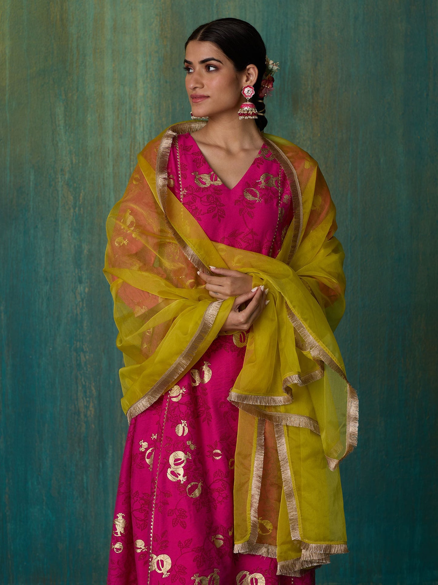 Likha Fuschia Pink Rangbahar Foil Printed Kurta Pant and Dupatta LIKSKD270 (Set of 3) - XL