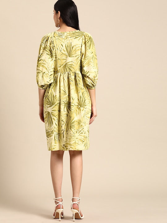 All about you Tropical Print Tie-Up Neck Cotton A-Line Dress