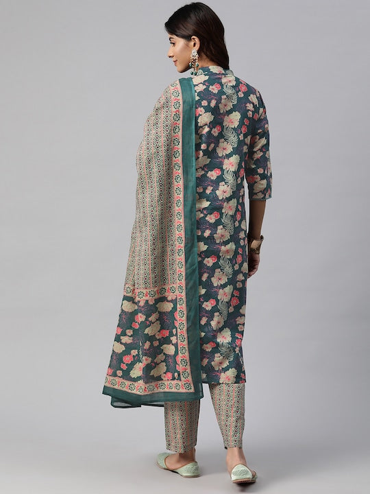 Readiprint Fashions Floral Printed Angrakha Sequinned Pure Cotton Kurta Set