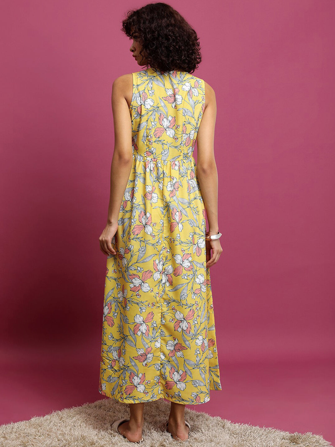 Vishudh Yellow Floral Printed Gathered Maxi Dress