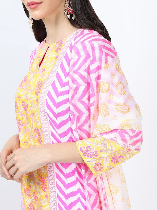 Vishudh Women Pink Printed Kurta with Trousers & With Dupatta