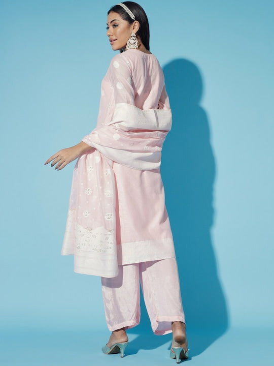 Myshka Embroidered Regular Chanderi Cotton Kurti with Trousers & Dupatta