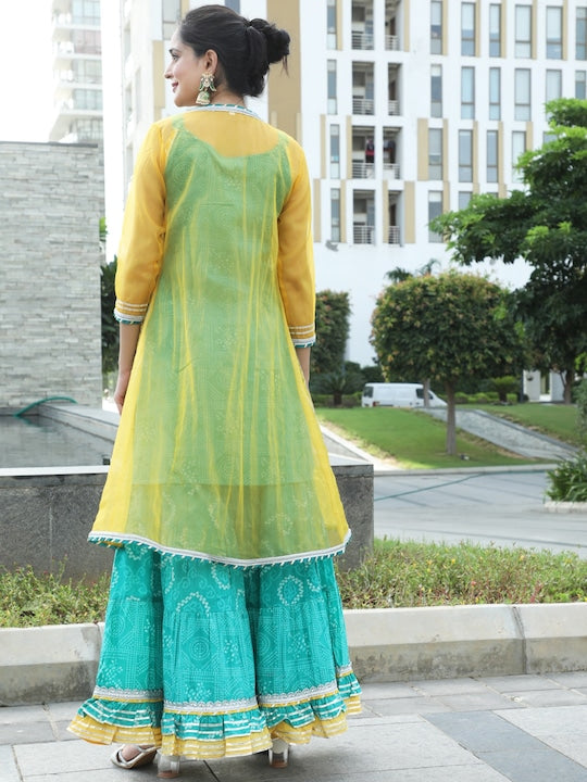 AKS Couture Ethnic Motif Printed Pure Cotton Kurta & Sharara With Jacket & potli Bag