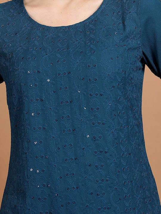 Vishudh Navy Blue Sequinned Embellished Straight Kurta