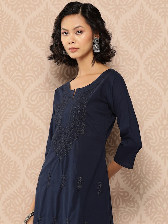 Yufta Floral Embroidered Chikankari Cotton Kurta Navy Blue