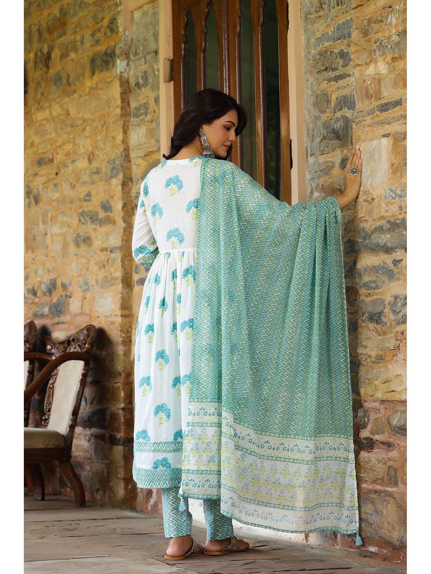 PIROH Womens Cotton Floral Print Anarkali Kurta-Pant With Dupatta White and Blue (Set of 3)