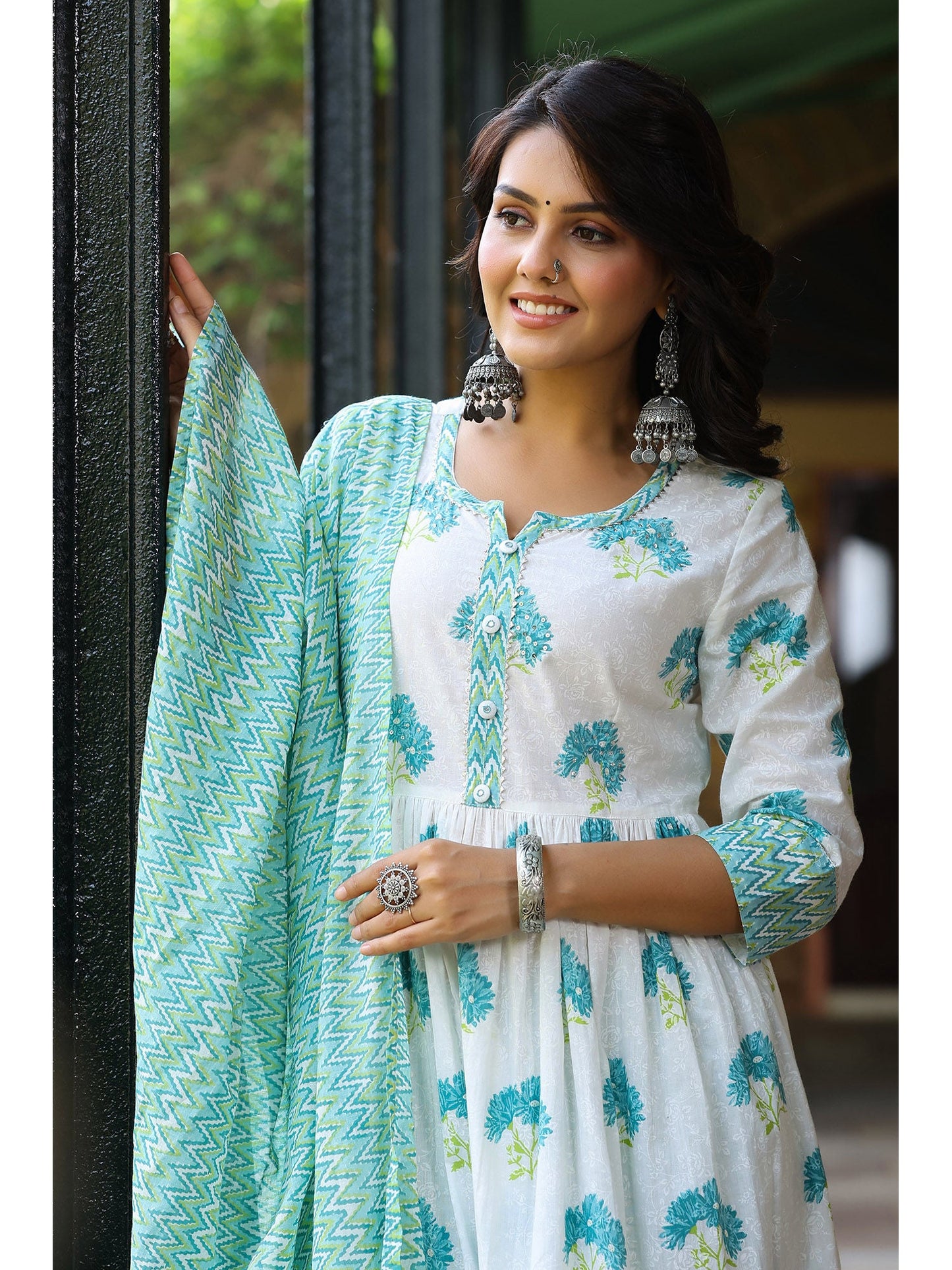 PIROH Womens Cotton Floral Print Anarkali Kurta-Pant With Dupatta White and Blue (Set of 3)