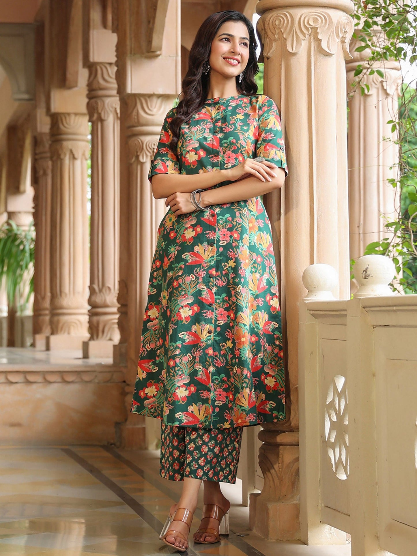 PIROH Women Cotton Floral Print A-Line Kurta Palazzo Blue (Set of 2) - XL