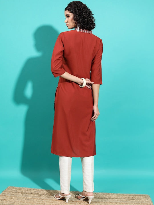 Vishudh Rust Ethnic Motif Printed Straight Kurta