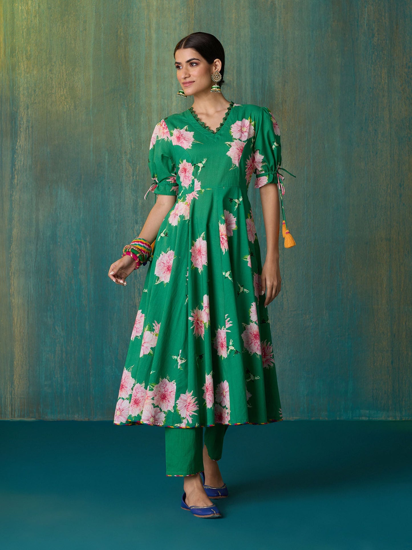 Likha Green Ethnic Bloom Printed Kurta Pant & Organza Dupatta LIKSKD204 (Set of 3)