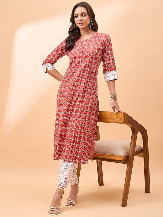 All about you Bandhani Printed V-Neck Regular Straight Kurta With Trousers
