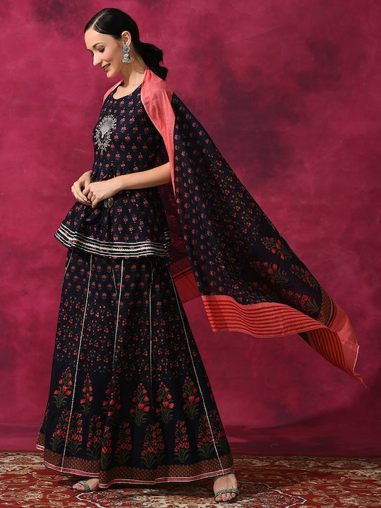 AKS Printed Gotta Patti Detail Ready To Wear Lehenga & Blouse With Dupatta
