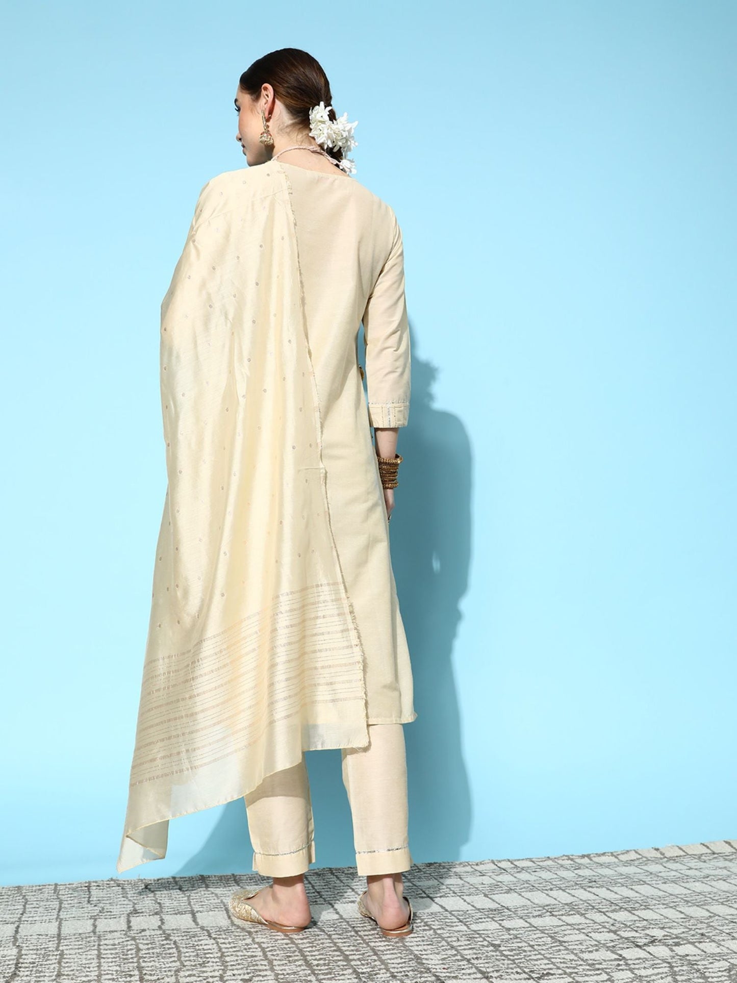 ISHIN Womens Cream Zari A-Line Kurta with Trouser & Dupatta (Set of 3)