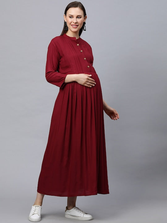 MomToBe Women Maroon Solid Maternity Nursing Dress