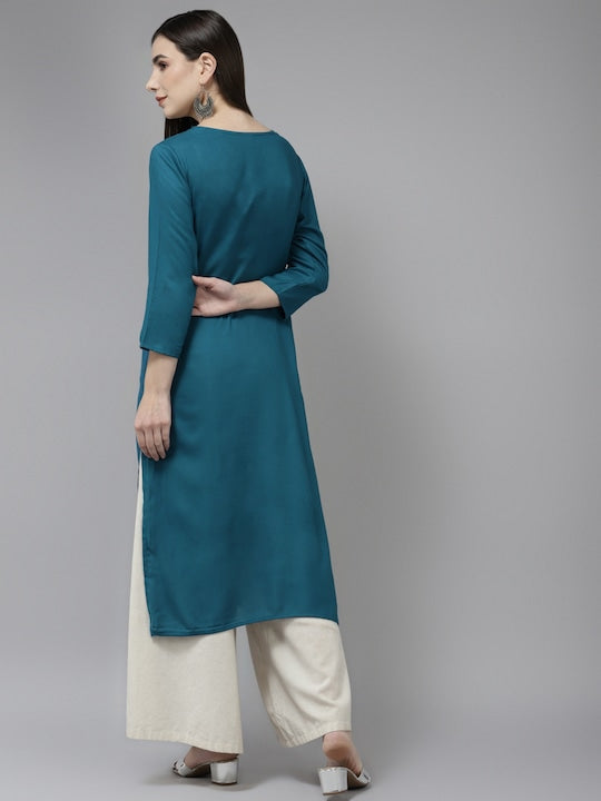 Yufta Women Teal Blue Yoke Design Mirror Work Kurta