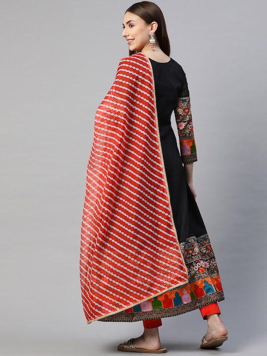 Myshka Women Black Embroidered Detail Anarkali Kurta With Dupatta