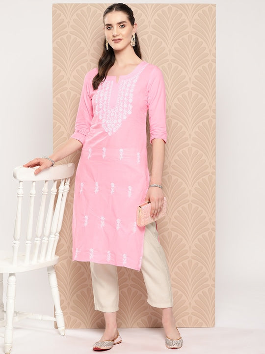 Yufta Floral Embroidered Chikankari Pure Cotton Kurta
