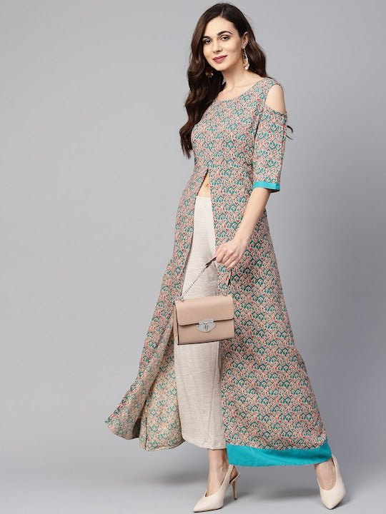 Myshka Women Green & Beige Printed High-Slit A-Line Kurta - XXL