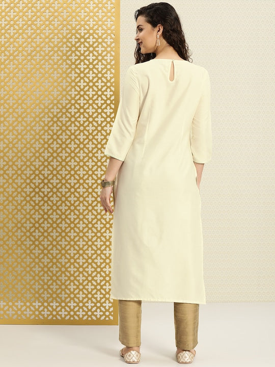 House of Pataudi Women Off-White Yoke Design A-Line Kurta